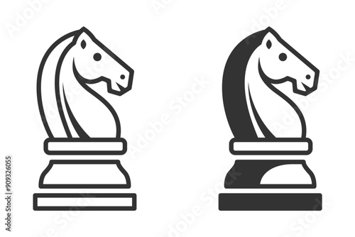 Vector illustration of chess knight pieces in a clean, modern design, featuring both black and white versions.
