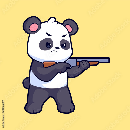 Cute Panda shooting gun cartoon vector icon illustration. Flat style animal cartoon logo mascot