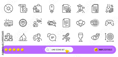 Waterproof, Search car and Leadership line icons for web app. Pack of Text message, Deflation, Heart pictogram icons. Scroll down, Fish grill, Document signature signs. Check eye. Search bar. Vector