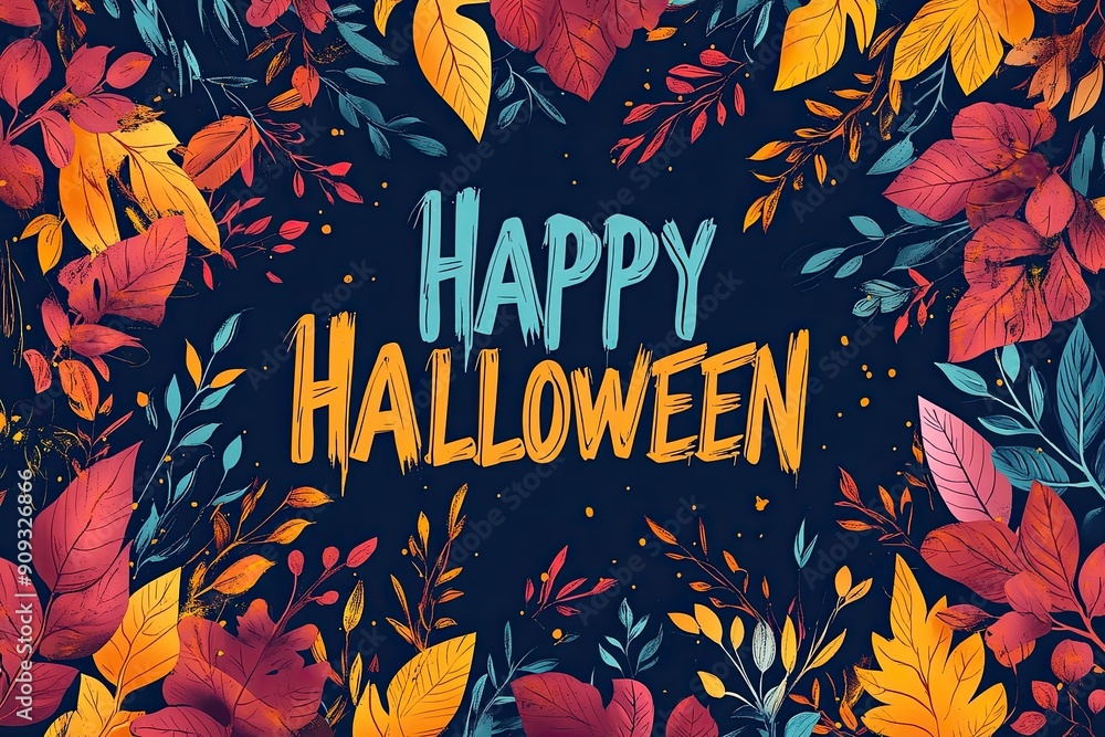 Festive Halloween Design with Colorful Leaves and Text Festive Halloween Design with Colorful Leaves and Text