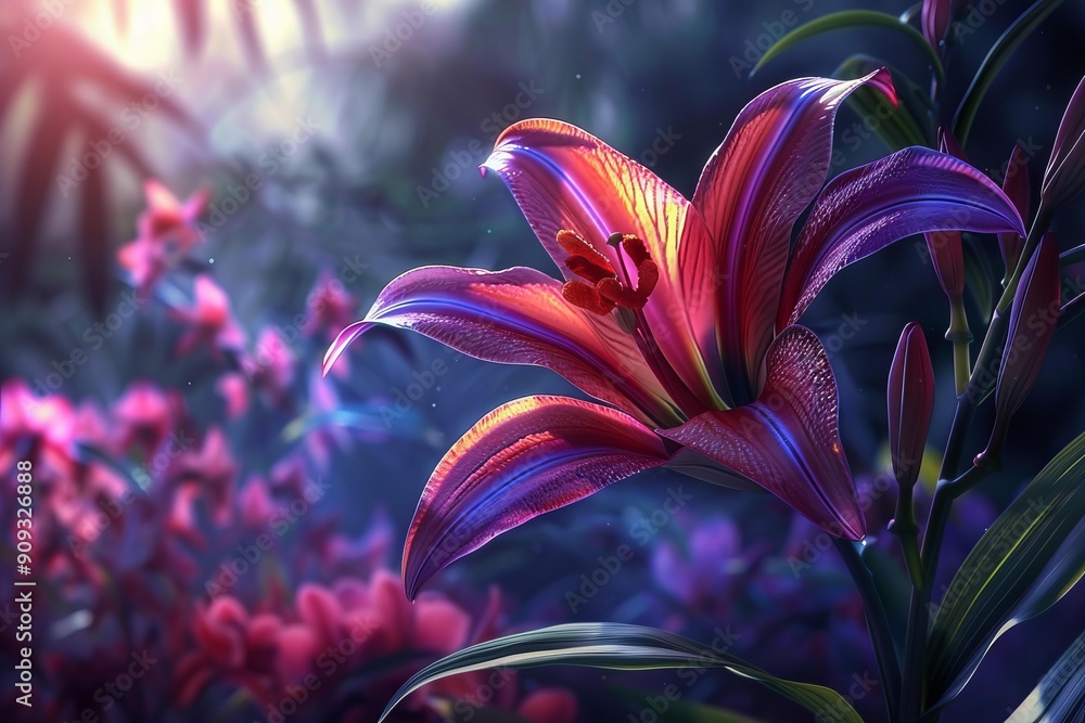 Single vibrant purple lily flower is blooming in a lush garden, illuminated by the warm glow of the setting sun Single vibrant purple lily flower is blooming in a lush garden, illuminated by the warm glow of the setting sun
