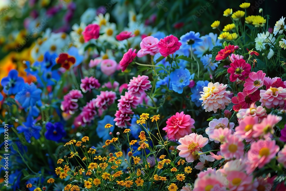 Beautiful, colorful flowers are blooming in a garden during springtime Beautiful, colorful flowers are blooming in a garden during springtime
