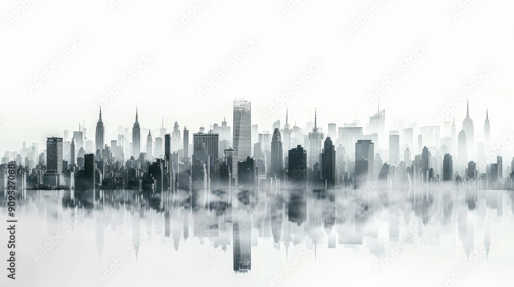 Misty Morning Skyline Over A City With Reflective Water At Dawn Misty Morning Skyline Over A City With Reflective Water At Dawn