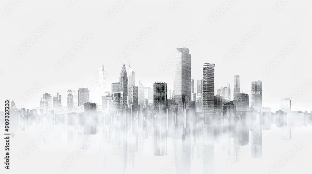 Naklejka premium Mist-Covered Skyline of a Modern City During Early Morning Hours