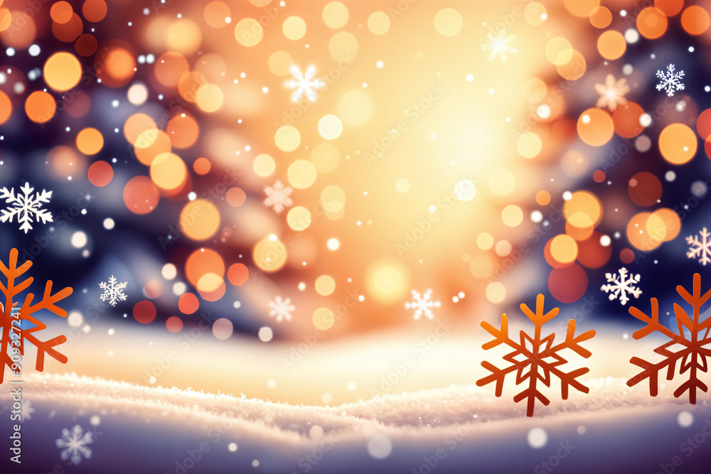 Winter scene with snow-covered ground, a blurred background that suggests a sunset or sunrise, and two prominent orange snowflakes on the foreground. Winter scene with snow-covered ground, a blurred background that suggests a sunset or sunrise, and two prominent orange snowflakes on the foreground.