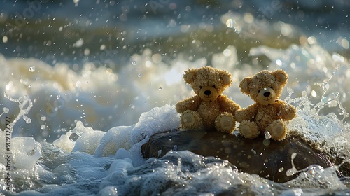 Two teddy bears on sea rock in front of splasing waves photo