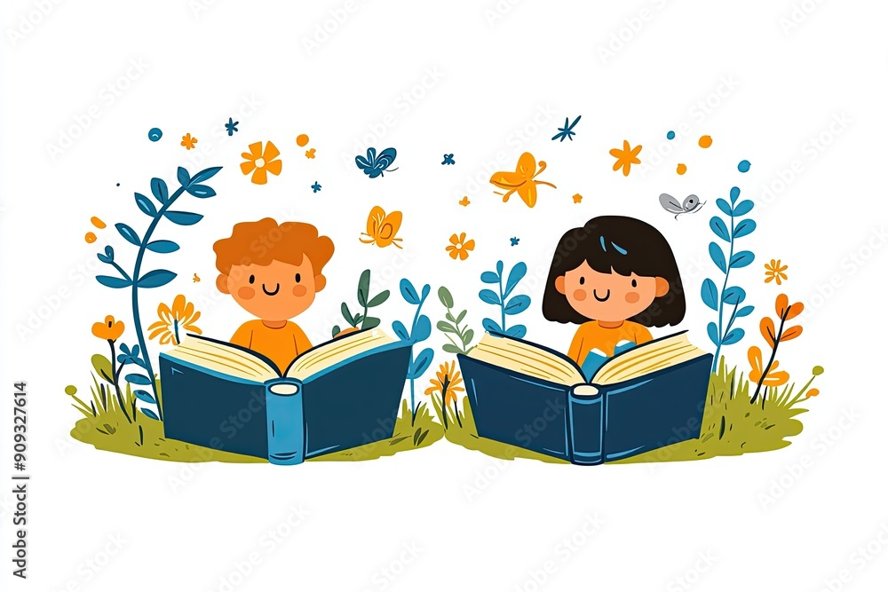 Children Reading in Nature with Flowers and Butterflies Children Reading in Nature with Flowers and Butterflies