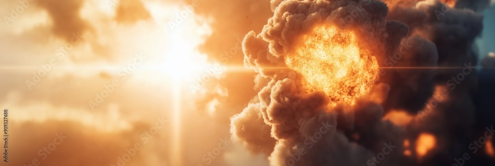 Fototapeta premium Inferno in the Sky: A cataclysmic explosion engulfs the heavens, a fiery maelstrom of destruction and power. 