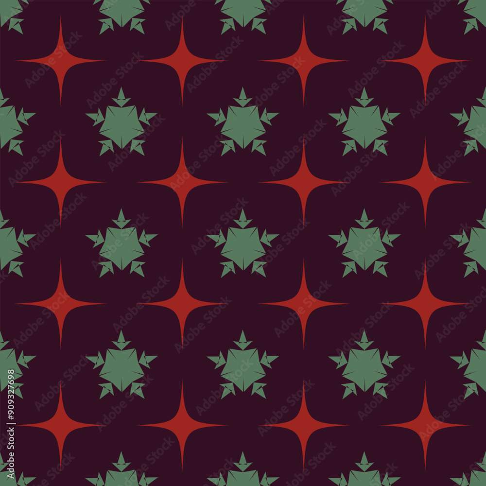 A pattern of stars and leaves is shown in a red and green color scheme. The stars are arranged in a grid, with some of them overlapping each other. The leaves are scattered throughout the pattern A pattern of stars and leaves is shown in a red and green color scheme. The stars are arranged in a grid, with some of them overlapping each other. The leaves are scattered throughout the pattern