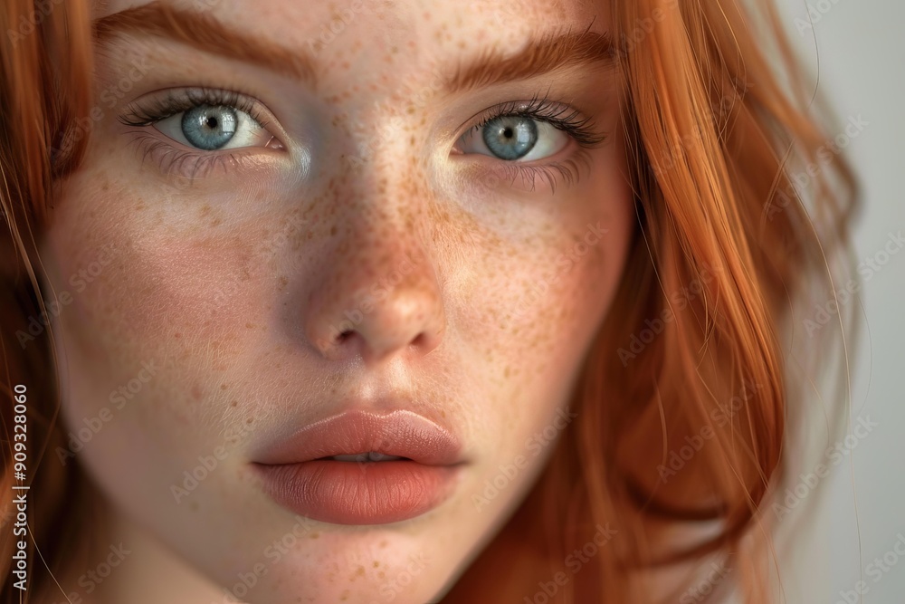 Beautiful redhead model with freckles is posing in front of a white background