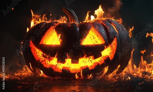 Fiery Jack-O-Lantern: A menacing pumpkin carved with a sinister grin, engulfed in flames, evokes the spooky spirit of Halloween.  