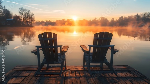 Two wooden chairs on a wood pier overlooking a lake at sunset