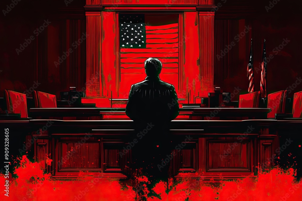 Dramatic Courtroom Scene with Red Atmosphere Dramatic Courtroom Scene with Red Atmosphere