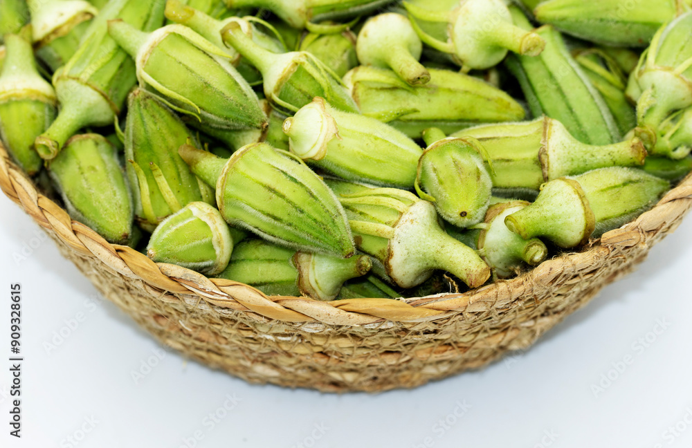 Seedpods of okra (Abelmoschus esculentus) in a basket harvested to consume as vegetable Seedpods of okra (Abelmoschus esculentus) in a basket harvested to consume as vegetable