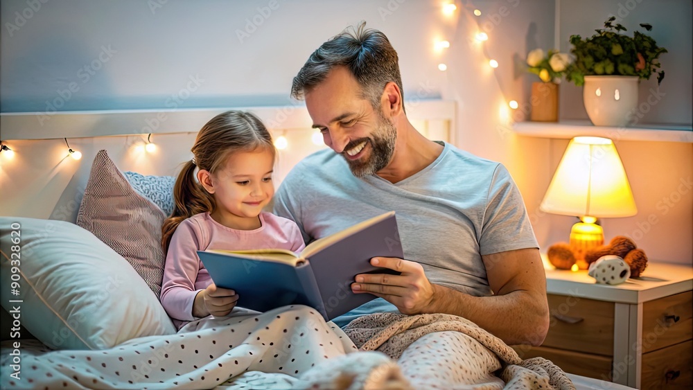 Before go to night or daytime sleep father reading to daughter fairytale, kid enjoy storytelling lying with daddy in bed feels comfortable, good pastime develop reader skill, have fun at home concept Before go to night or daytime sleep father reading to daughter fairytale, kid enjoy storytelling lying with daddy in bed feels comfortable, good pastime develop reader skill, have fun at home concept