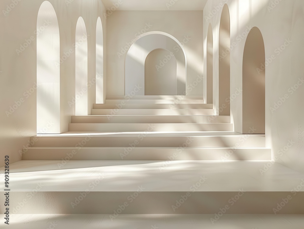 Sunlit minimalist stairway with elegant arches, creating a serene and spacious atmosphere with soft shadows and light. Sunlit minimalist stairway with elegant arches, creating a serene and spacious atmosphere with soft shadows and light.