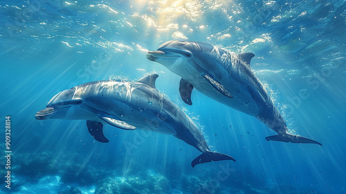 Dolphins swimming in the depths of the water.