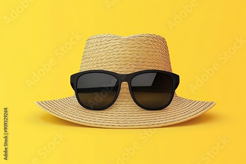 Straw Hat and Sunglasses Against Yellow Background