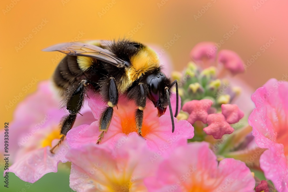 Large bumblebee with pollen on its fur is gathering nectar from a pink flower Large bumblebee with pollen on its fur is gathering nectar from a pink flower