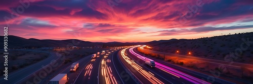 street light of traveling cars in the evening sunset. illuminated by street lights at night