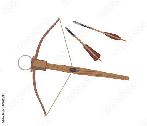 Wooden crossbow with arrow spear archery medieval weapon vector illustration isolated on white