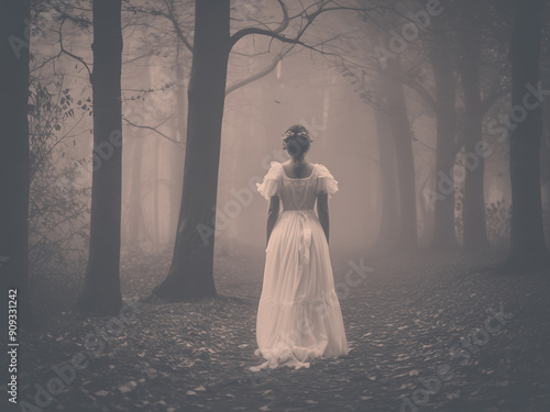 Spooky Victorian Woman in Forest