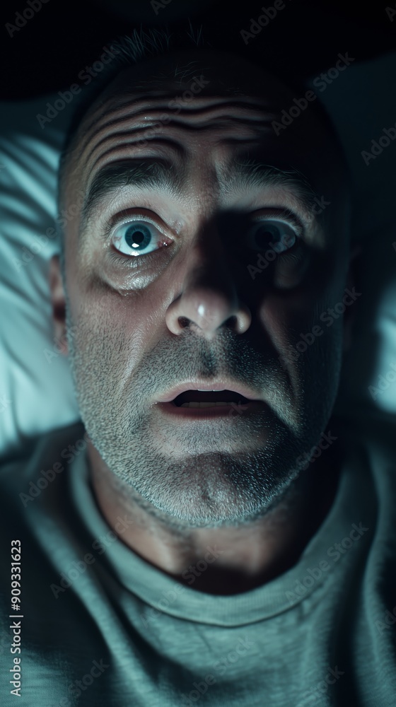 Close-up of a man waking up scared, with wide eyes and an expression of fear. The face of a man after having a nightmare in a feeling of panic. Close-up of a man waking up scared, with wide eyes and an expression of fear. The face of a man after having a nightmare in a feeling of panic.