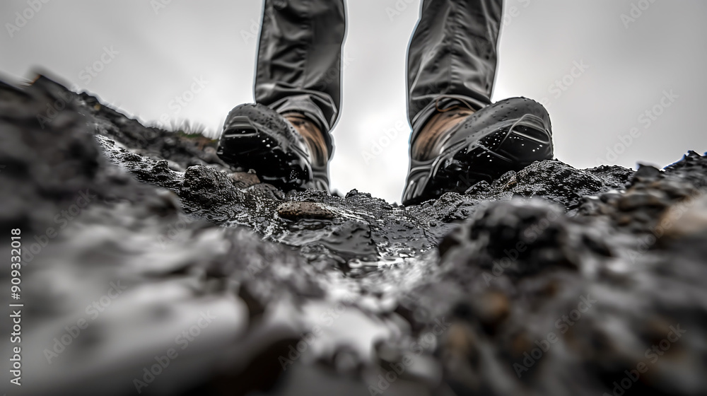 Close-Up of Muddy Boots on Wet Ground Close-Up of Muddy Boots on Wet Ground