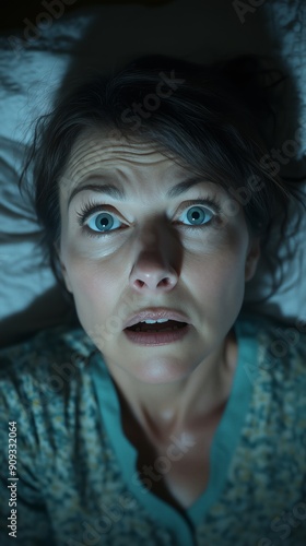 Close-up of a woman waking up scared, with wide eyes and an expression of fear. A woman's face after having a nightmare in a panic.