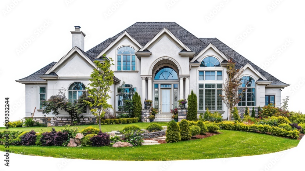 Elegant Residential Home Surrounded by Lush Landscaping in a Suburban Neighborhood During Bright Daylight Elegant Residential Home Surrounded by Lush Landscaping in a Suburban Neighborhood During Bright Daylight