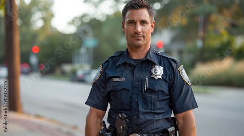 Police Officer Standing Confidently on a City Street Near Traffic Signals in Afternoon Light