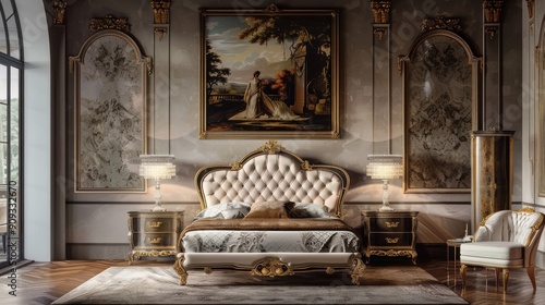 Elegant Bedroom Interior Design Featuring Lavish Furniture and Artwork in a Luxurious Setting