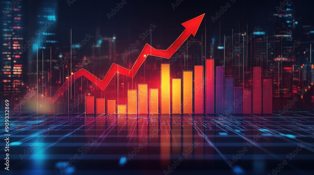A futuristic depiction of a rising bar graph with an upward arrow in a digital cityscape background.
A futuristic depiction of a rising bar graph with an upward arrow in a digital cityscape background.
