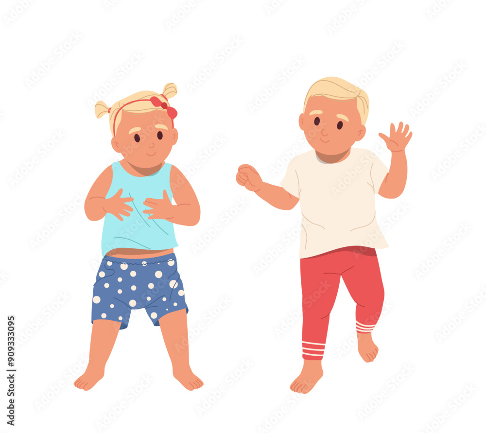 Boy and girl infant child cartoon characters learning to walk doing first steps isolated on white Boy and girl infant child cartoon characters learning to walk doing first steps isolated on white
