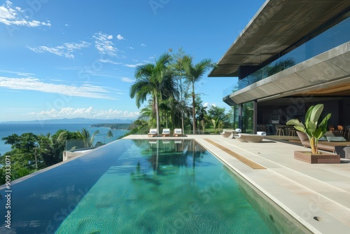 contemporary tropical villa with angular geometric design infinity pool merging with ocean view lush landscaping and sleek materials