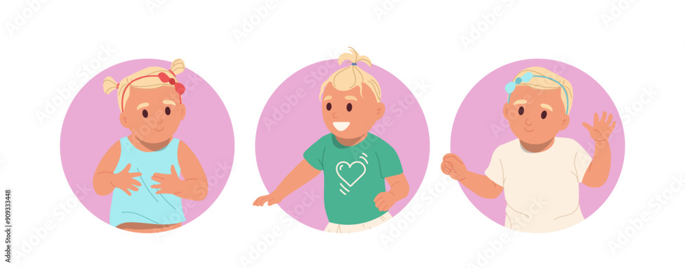 Isolated round composition set with happy playful baby girl cartoon character starting to walk Isolated round composition set with happy playful baby girl cartoon character starting to walk