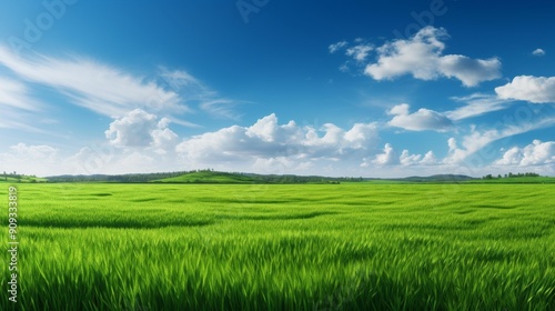 Panoramic view of a green field with rolling hills under a bright blue sky and scattered white clouds Suitable for nature, agriculture, and landscape themes