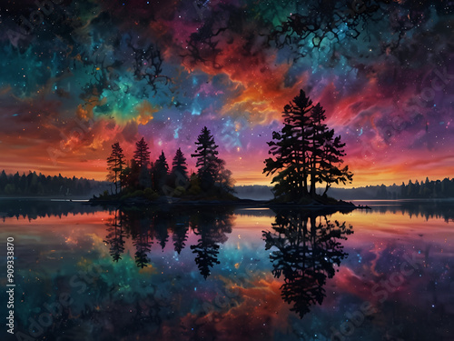 Vibrant lake scene with trees, nebula sky, galaxy reflection, psychedelic fantasy art.