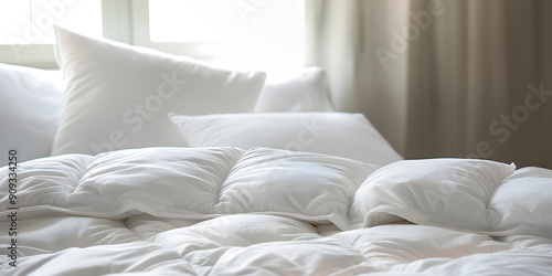 tranquil bedroom setting with a white duvet and pillows in close-up is ideal for articles about preparing for the winter season, household chores and creating comfort in home textiles and hotel decor.