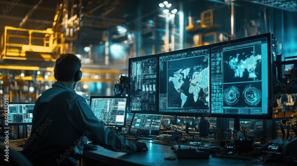 Man Working with Monitors in an Industrial Setting Man Working with Monitors in an Industrial Setting