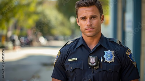 Young Police Officer Standing Confidently on a City Street in Bright Daylight