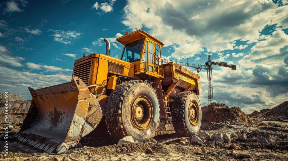 Heavy Construction Vehicle Working On Site Under Dramatic Blue Sky At Dusk Heavy Construction Vehicle Working On Site Under Dramatic Blue Sky At Dusk