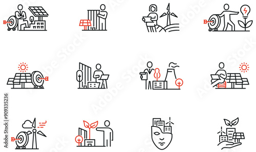 Vector Set of Linear Icons Related to Balance of Nature and Urban Infrastructure, Intelligent Urbanism. Mono line pictograms and infographics design elements - part 2