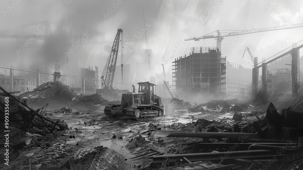 Construction Machinery Working in a Dismantled Urban Environment Under Overcast Skies Construction Machinery Working in a Dismantled Urban Environment Under Overcast Skies