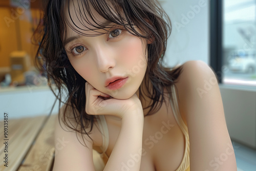 頬杖をついて少し怒っている可愛い女の子 photo