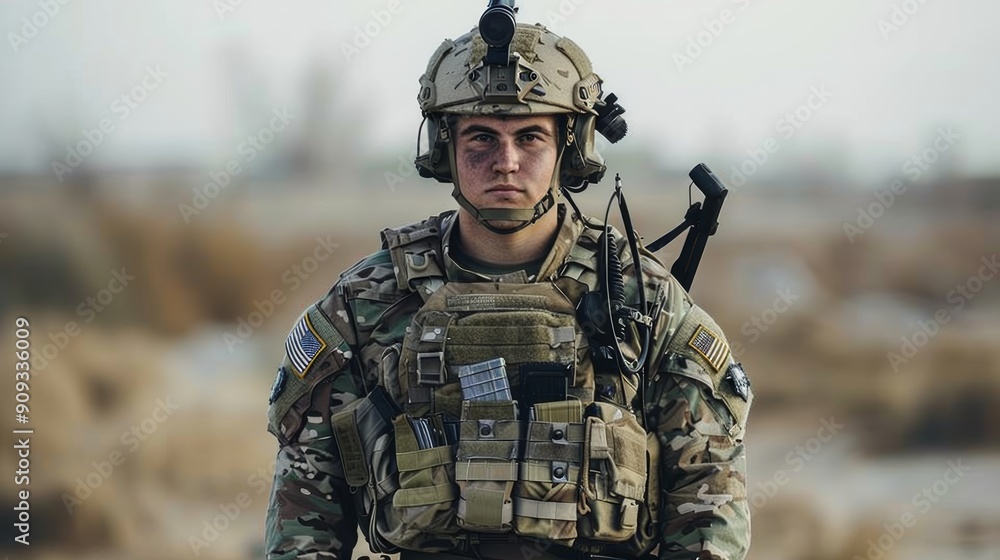 Soldier Standing Vigilantly in Desert Terrain During Daylight Operations in a Military Zone Soldier Standing Vigilantly in Desert Terrain During Daylight Operations in a Military Zone