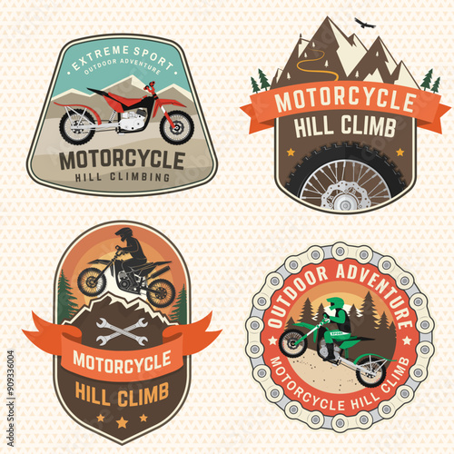 Set of motorcycle hill climb logos, badges, stickers. Vector. Extreme sport with motorbike for extreme jump and race in mountains photo