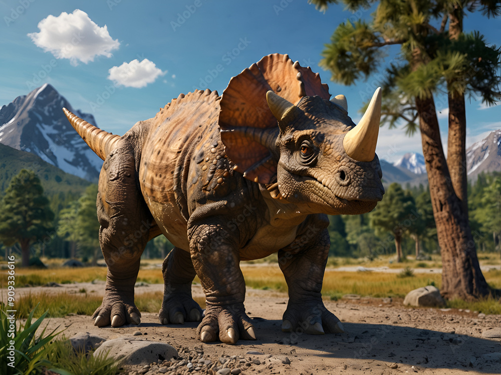 Fototapeta premium Cartoon dinosaur Triceratops, on the landscape of those times