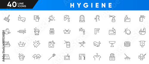 Hygiene line icon set. Cleaning, disinfection, soap, bathing, sweeping, shower, disinfecting, washing, sweeping, shower, respiratory mask, antiseptic outline icon collection. UI thin line icon set.