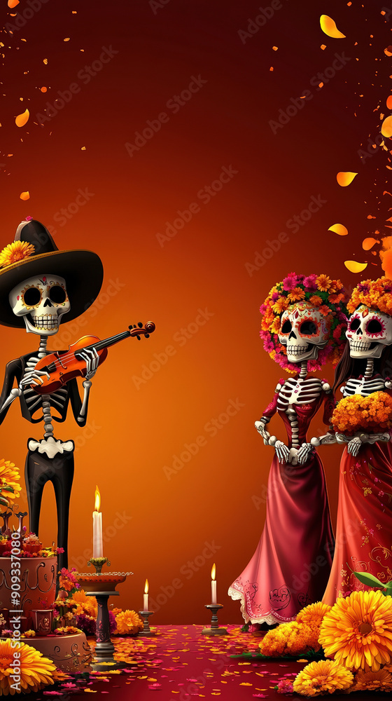 Day of the Dead celebration with skeletons playing music. Day of the Dead celebration with skeletons playing music.